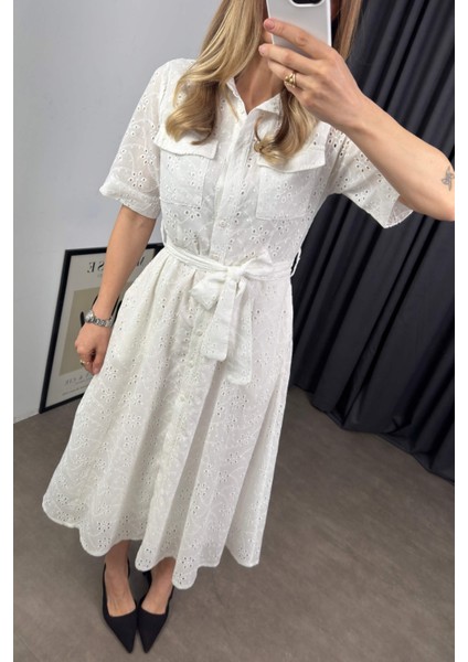 Beyaz Kısa Kollu Astarlı Kuşaklı Cepli Fisto Gömlek Elbise