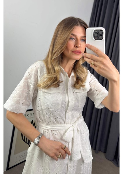 Beyaz Kısa Kollu Astarlı Kuşaklı Cepli Fisto Gömlek Elbise modelleri