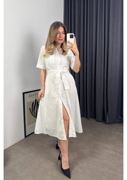 Beyaz Kısa Kollu Astarlı Kuşaklı Cepli Fisto Gömlek Elbise fırsatları