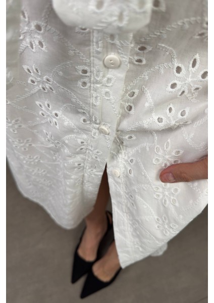 Beyaz Kısa Kollu Astarlı Kuşaklı Cepli Fisto Gömlek Elbise indirimleri