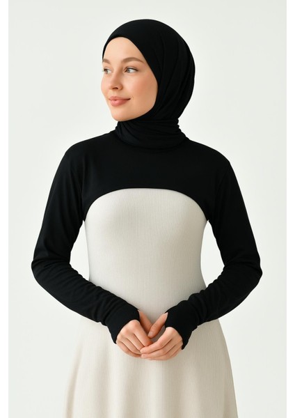 Beyaz Bisiklet Parmaklı Tesettür Boyunluk | Uzun Kollu Kolluklu Body Bluz Bolero Rahat Tasarım