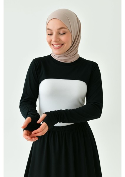 Beyaz Bisiklet Parmaklı Tesettür Boyunluk | Uzun Kollu Kolluklu Body Bluz Bolero Rahat Tasarım