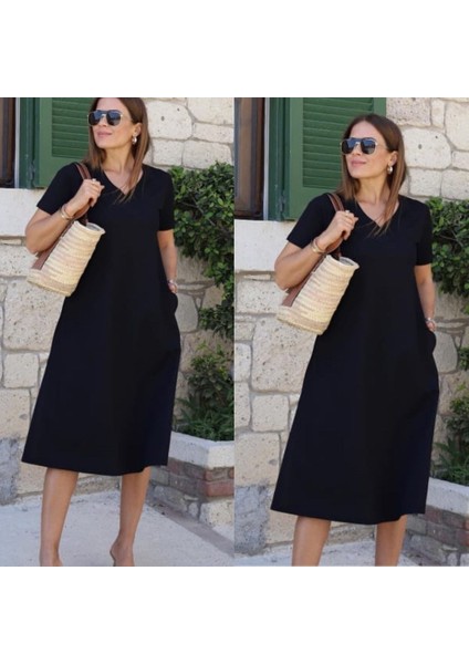 Kadın Kısa Kollu V Yaka Cepli A Kesim Detaylı Viskon Elbise modelleri