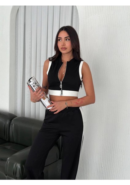 Osy Modal Yumuşak Dokulu Kumaş Tam Fermuarlı Crop Pantalon Ikili Takım - Siyah