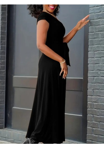 Kadın Kısa Kollu V Yakalı Belden Kuşaklı Maksi Boy Viskon Elbise modelleri