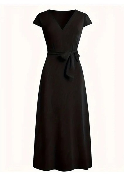 Kadın Kısa Kollu V Yakalı Belden Kuşaklı Maksi Boy Viskon Elbise fırsatları