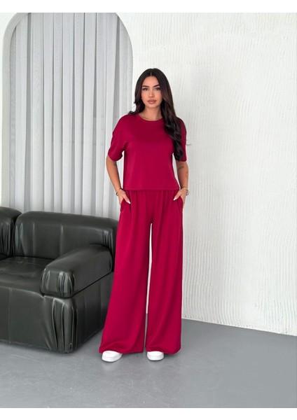 Osy Modal Yumuşak Dokulu Kumaş Bisiklet Yaka T-Shirt Bol Paça Pantalon Ikili Takım -Bordo