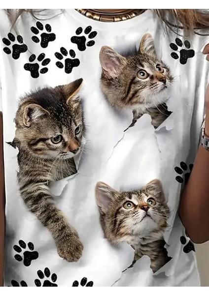 Kadın Kısa Kollu Kedi ve Pati Baskılı Süprem T-Shirt
