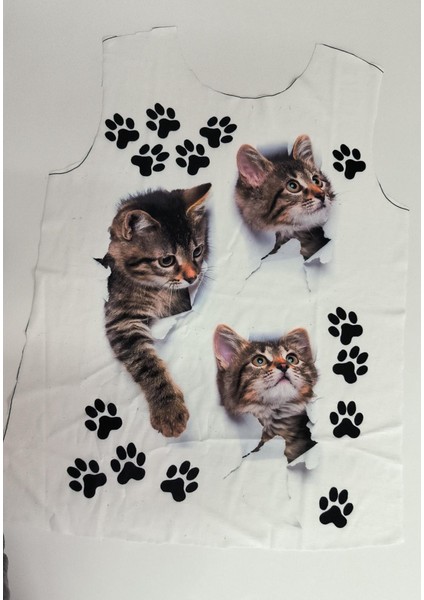 Kadın Kısa Kollu Kedi ve Pati Baskılı Süprem T-Shirt
