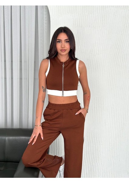 Osy Modal Yumuşak Dokulu Kumaş Tam Fermuarlı Crop Pantalon Ikili Takım - Kahverengi