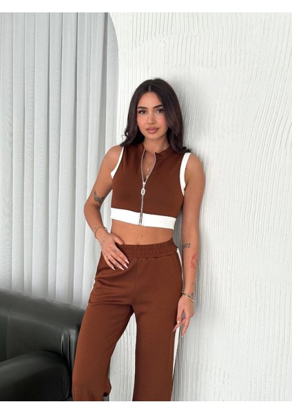 Osy Modal Yumuşak Dokulu Kumaş Tam Fermuarlı Crop Pantalon Ikili Takım - Kahverengi