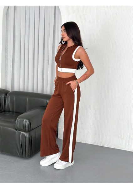 Osy Modal Yumuşak Dokulu Kumaş Tam Fermuarlı Crop Pantalon Ikili Takım - Kahverengi