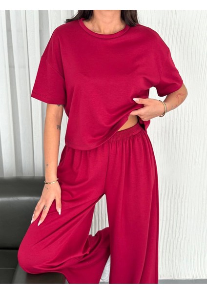Osy Modal Yumuşak Dokulu Kumaş Bisiklet Yaka T-Shirt Bol Paça Pantalon Ikili Takım -Bordo