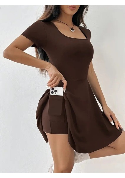Kadın Kısa Kollu Kare Yaka Short Detaylı Cepli Dalgıç Elbise