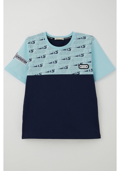 Erkek Çocuk Tişört Yazı Baskılı Armalı 9-16 Yaş, Açık Mavi