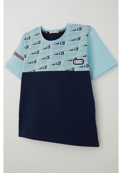 Erkek Çocuk Tişört Yazı Baskılı Armalı 9-16 Yaş, Açık Mavi modelleri