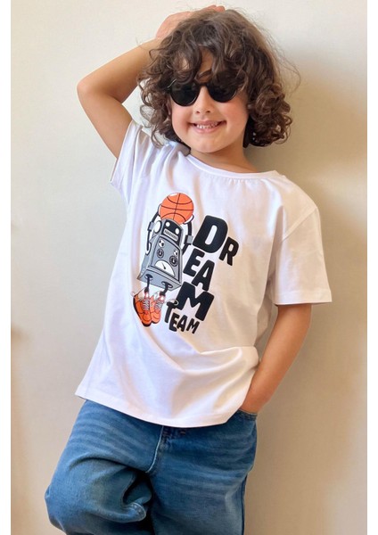 Erkek Çocuk Tişört Rüya Takım Temalı Basketçi Robot Baskılı 4-8 Yaş, Beyaz