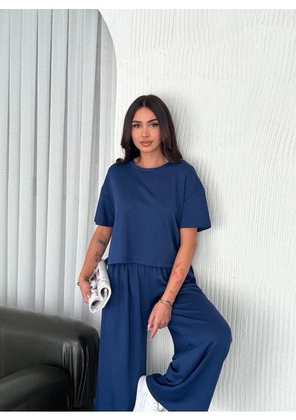 Osy Modal Yumuşak Dokulu Kumaş Bisiklet Yaka T-Shirt Bol Paça Pantalon Ikili Takım -Saks Mavi