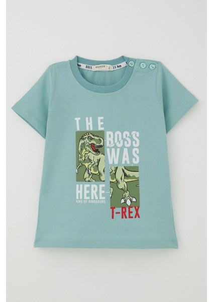 Erkek Çocuk Tişört Güçlü Dinozor Baskılı 1.5-5 Yaş, Su Yeşili
