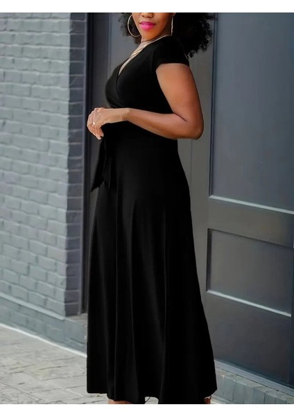 Kadın Kısa Kollu V Yakalı Belden Kuşaklı Maksi Boy Viskon Elbise indirimleri