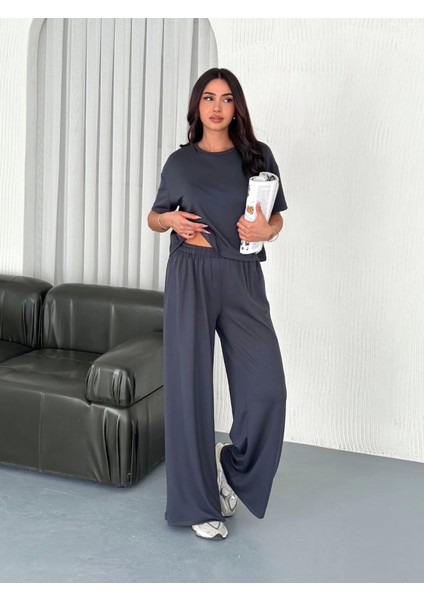 Osy Modal Yumuşak Dokulu Kumaş Bisiklet Yaka T-Shirt Bol Paça Pantalon Ikili Takım -Antrasit
