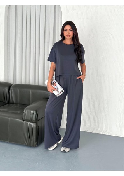 Osy Modal Yumuşak Dokulu Kumaş Bisiklet Yaka T-Shirt Bol Paça Pantalon Ikili Takım -Antrasit