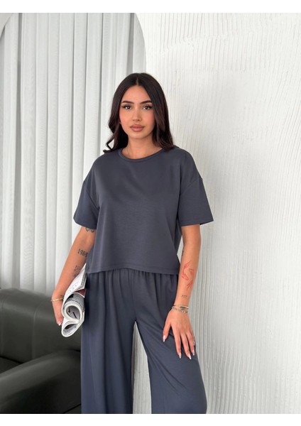 Osy Modal Yumuşak Dokulu Kumaş Bisiklet Yaka T-Shirt Bol Paça Pantalon Ikili Takım -Antrasit