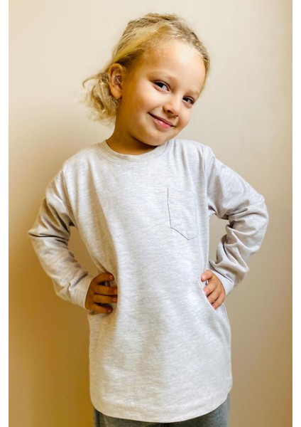 Erkek Çocuk Uzun Kollu Tişört Cepli 4-8 Yaş, Bej Melanj