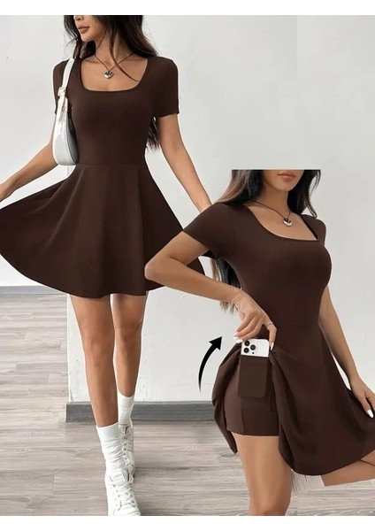 Kadın Kısa Kollu Kare Yaka Short Detaylı Cepli Dalgıç Elbise