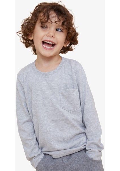Erkek Çocuk Uzun Kollu Tişört Cepli 4-8 Yaş, Açık Gri Melanj