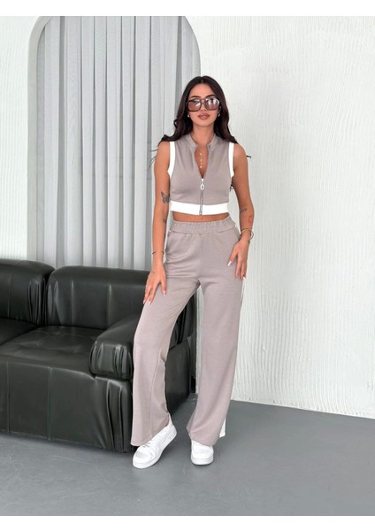 Osy Modal Yumuşak Dokulu Kumaş Tam Fermuarlı Crop Pantalon Ikili Takım - Gri