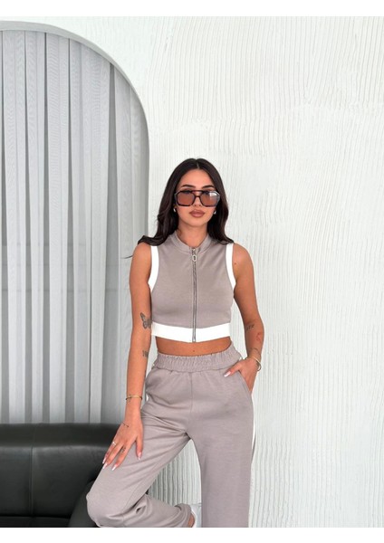 Osy Modal Yumuşak Dokulu Kumaş Tam Fermuarlı Crop Pantalon Ikili Takım - Gri