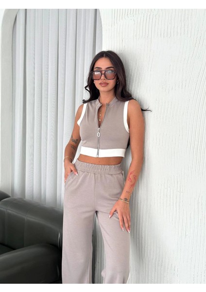 Osy Modal Yumuşak Dokulu Kumaş Tam Fermuarlı Crop Pantalon Ikili Takım - Gri