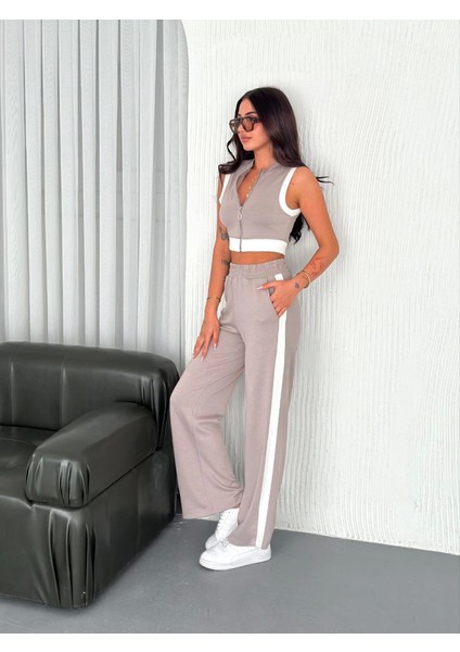 Osy Modal Yumuşak Dokulu Kumaş Tam Fermuarlı Crop Pantalon Ikili Takım - Gri