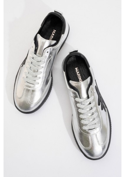 Marine Kadın Günlük Bağcıklı Spor Ayakkabı Gerçek Deri Gümüş/siyah indirimleri