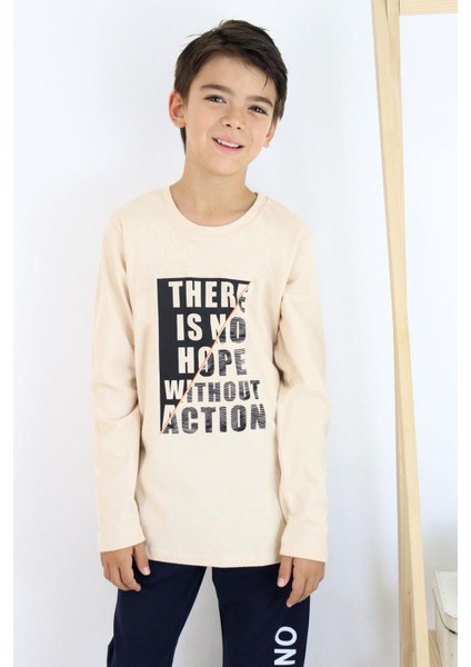 Erkek Çocuk Uzun Kollu Tişört Yazı Baskılı 6-12 Yaş, Bej