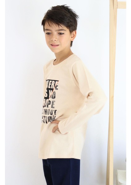 Erkek Çocuk Uzun Kollu Tişört Yazı Baskılı 6-12 Yaş, Bej fiyatları