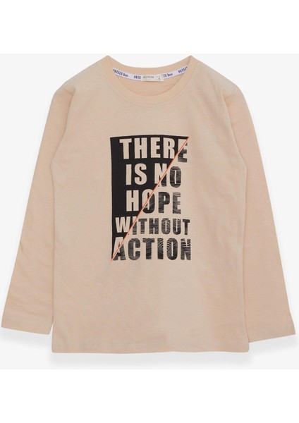 Erkek Çocuk Uzun Kollu Tişört Yazı Baskılı 6-12 Yaş, Bej fırsatları