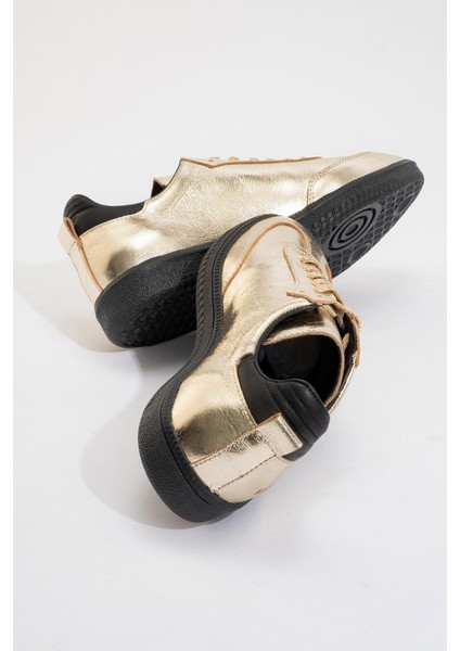 Marine Kadın Günlük Bağcıklı Spor Ayakkabı Gerçek Deri Altın/siyah fırsatları