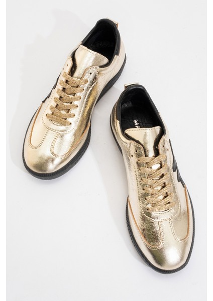 Marine Kadın Günlük Bağcıklı Spor Ayakkabı Gerçek Deri Altın/siyah indirimleri