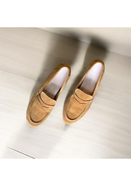 Camel Süet Deri Kadın Loafer Ayakkabı