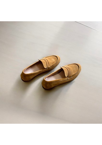 Camel Süet Deri Kadın Loafer Ayakkabı