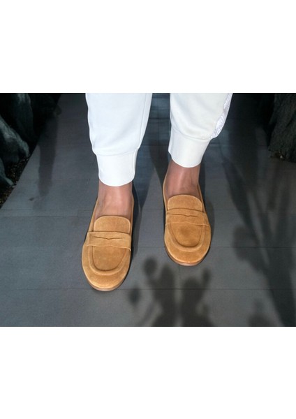 Camel Süet Deri Kadın Loafer Ayakkabı