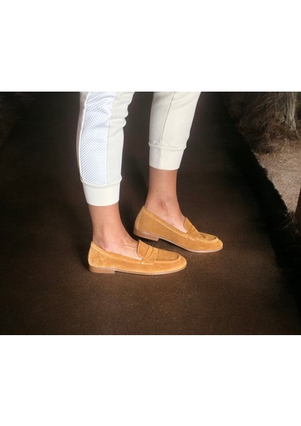 Camel Süet Deri Kadın Loafer Ayakkabı
