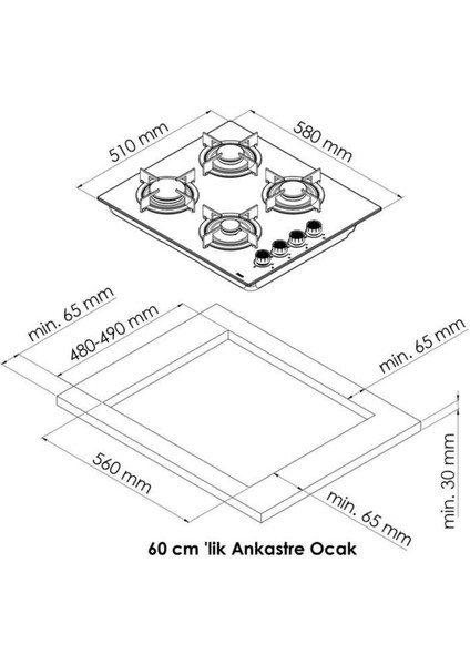 Glo 206SC Bask Kare Beyaz Cam 60CM Döküm Ankastre Ocak