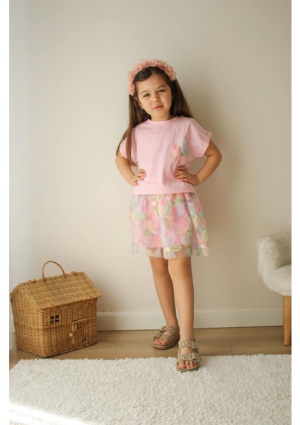 Kız Çocuk Pembe Tüllü Yazlık Takım – Çiçek Desenli Alt Üst Etekli Takım Kombin