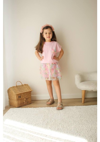 Kız Çocuk Pembe Tüllü Yazlık Takım – Çiçek Desenli Alt Üst Etekli Takım Kombin fiyatları
