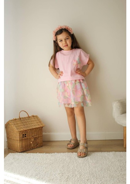 Kız Çocuk Pembe Tüllü Yazlık Takım – Çiçek Desenli Alt Üst Etekli Takım Kombin modelleri