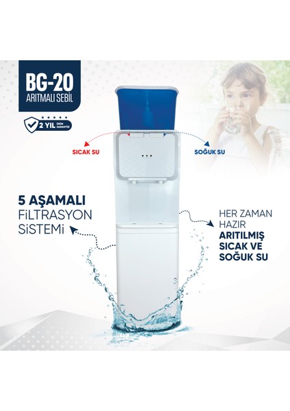 Sıcak ve Soğuk 2 Musluklu Hazneli Arıtmalı Sebil - Beyaz Renk - Üstten Basmalı - Ideal Mağaza