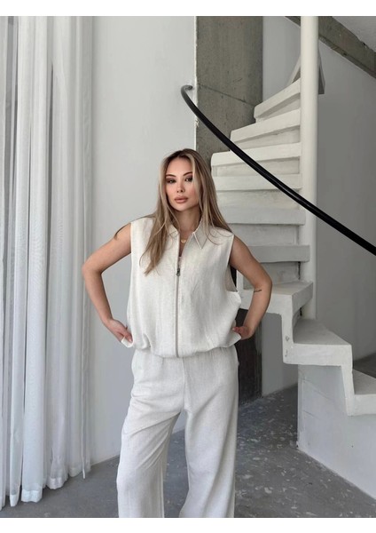 Keten Tam Fermuarlı Kolsuz Ceket Pantolon Ikili Takım- Beyaz